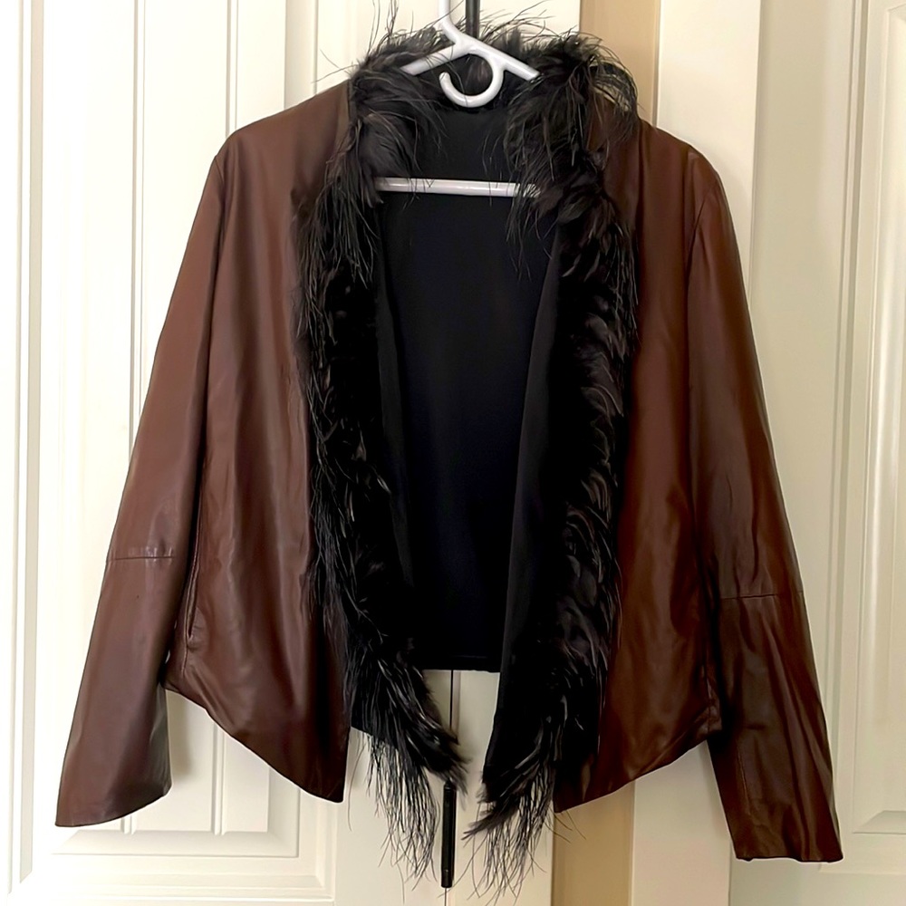 Luxury Genuine Leather Jacket with Feathered Vest